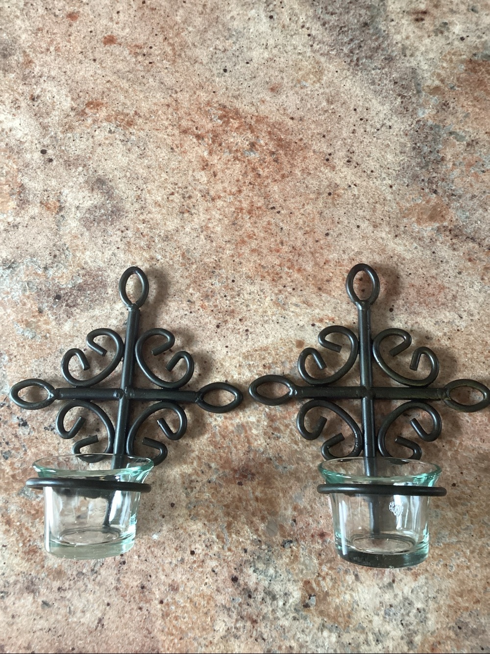 2 Black Metal Scroll Wall Sconces Candle Holder Set With Glass Cups Tealight